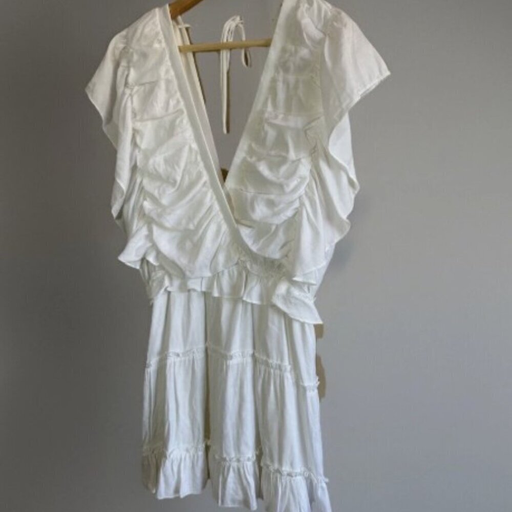 Pookie & Sebastian White Tiered Ruffle Dress Size Medium Crossover Sorority Rush - Picture 3 of 10